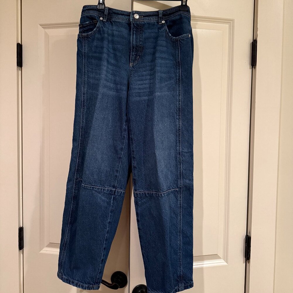 Loft High Rise Barrel Jean In Dark Wash, Size 4